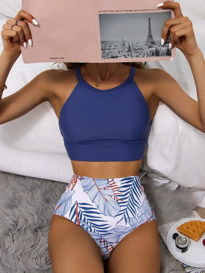 High Neck Solid Print Two Piece Set
