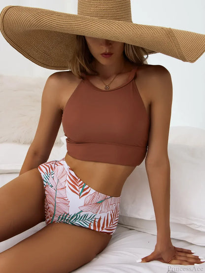 High Neck Solid Print Two Piece Set