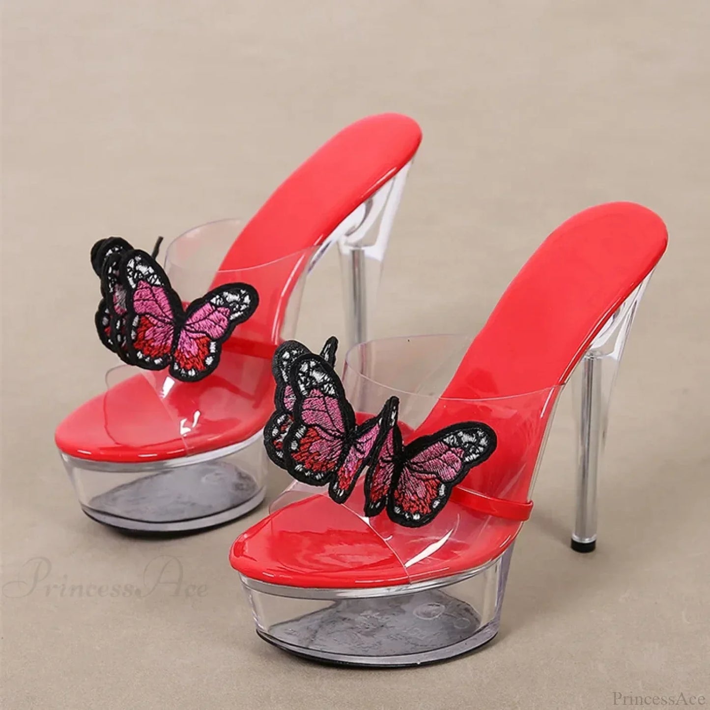 High-Quality Handworked Embroidered Butterfly Modern Transparent Platform Sexy Stripper Stylish High Heel