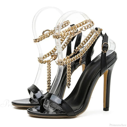 High-Quality Pink Patent-Leather Summer Women's Shoes Sandals Open-Toe Metal-Chain Ankle-Strap Sexy Stiletto High Heel