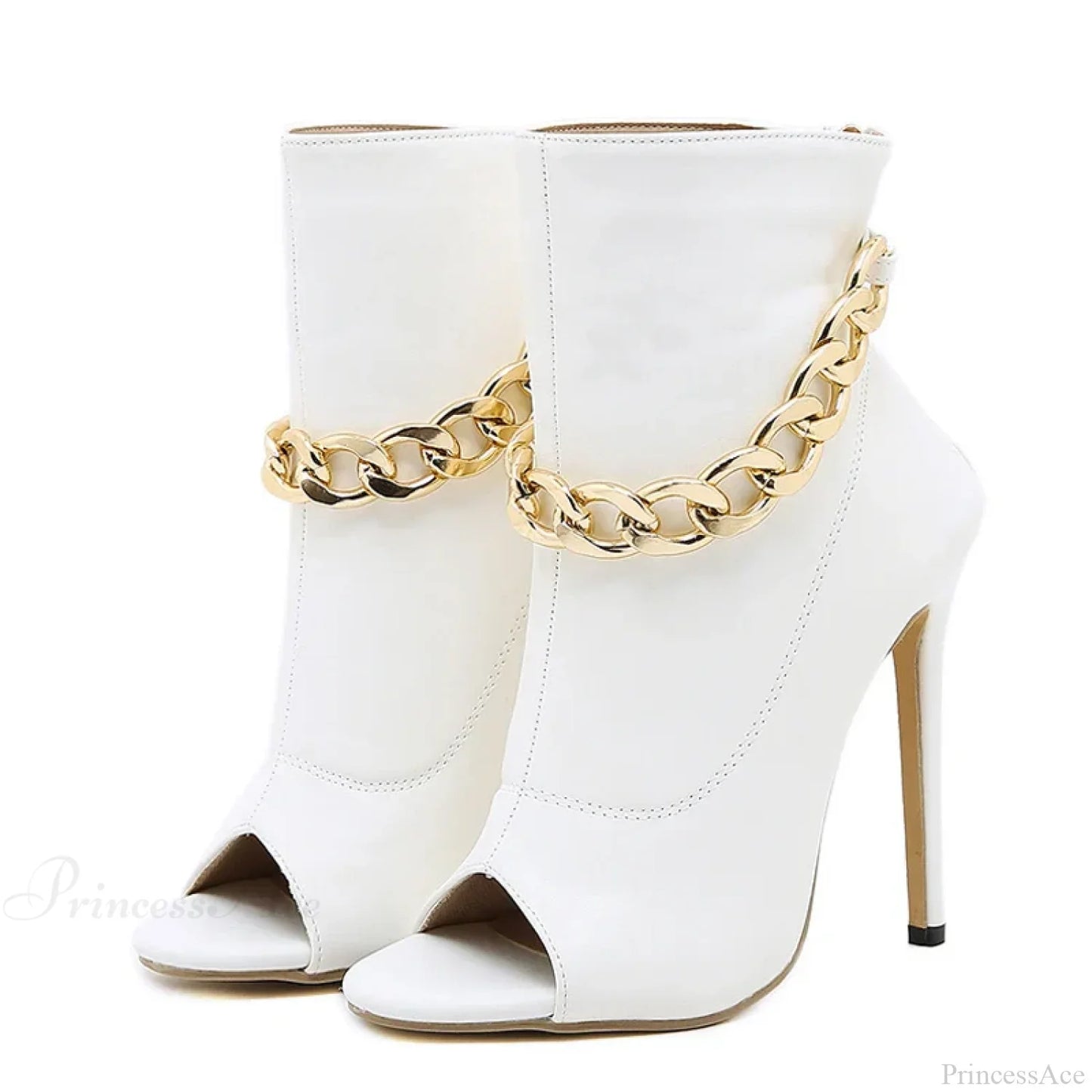 High-Quality White Leather Basic Boots Ankle Sandals Metal-Chain Thin-Heels Peep-Toe Zip Pumps High Heel