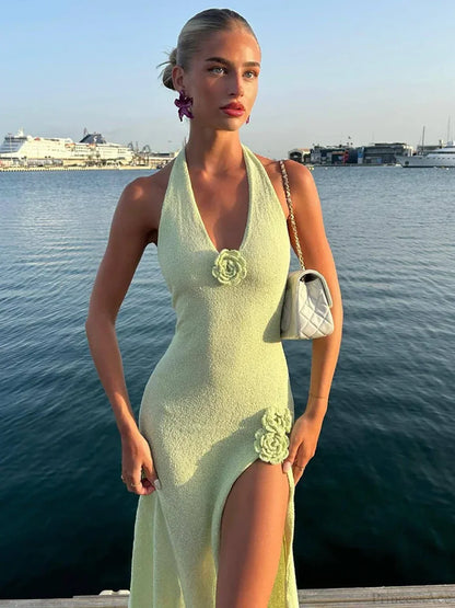 High Slit 3D Flowers Halter Vacation Dress