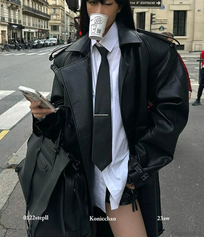 High Slit Black PU Leather Overcoat