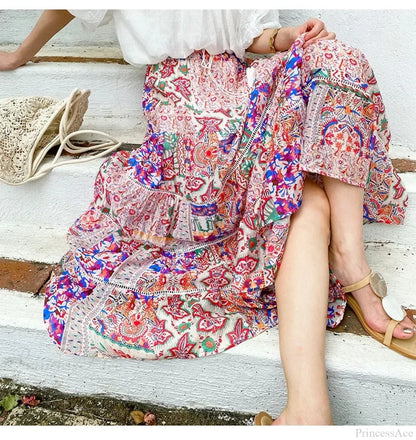 High Waist Floral Beach Skirt Lace Patchwork Chic Cotton Maxi