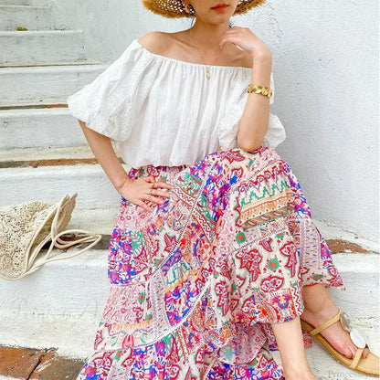 High Waist Floral Beach Skirt Lace Patchwork Chic Cotton Maxi