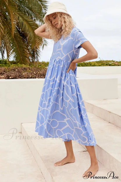 High Waist Ruched Dress with Geometric Print