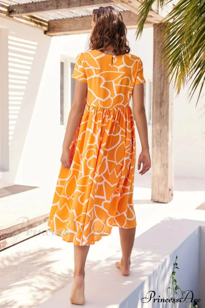 High Waist Ruched Dress with Geometric Print