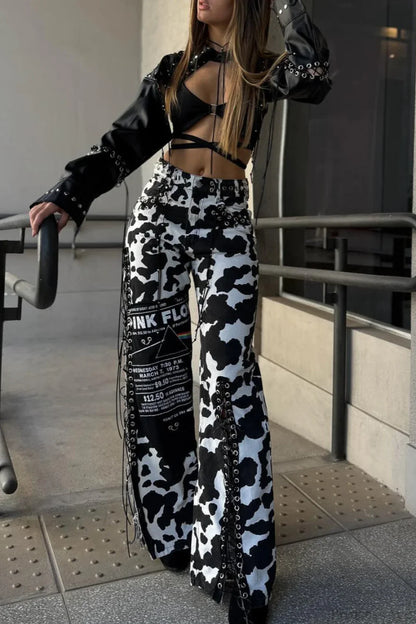 High Waist Slim Milk Print Tassel Rivet Denim Pants