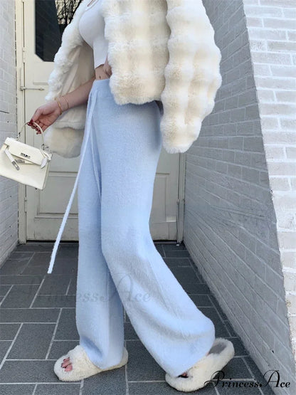 High Waist Wide Leg Satin Casual Ice Silk Straight Drawstring Slim Pants