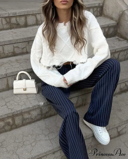 High Waisted Straight Leg Wide Leg Navy Striped Casual Pants