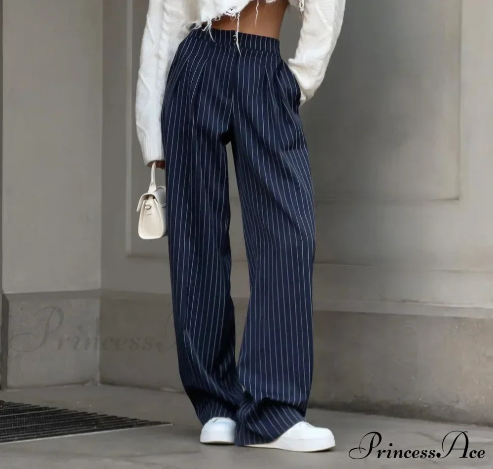 High Waisted Straight Leg Wide Leg Navy Striped Casual Pants