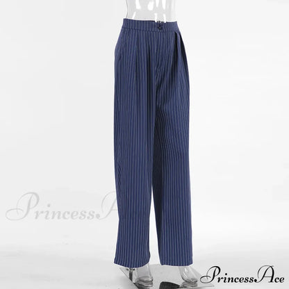 High Waisted Straight Leg Wide Leg Navy Striped Casual Pants