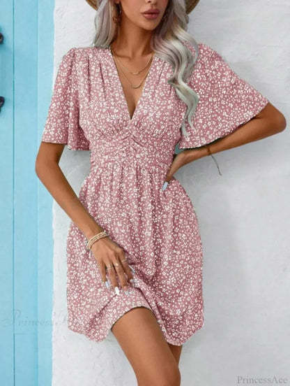 High Waisted V-neck Pleated Floral Dress