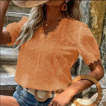 Hollow Lace Puff Sleeve V-neck Pullover Blouse