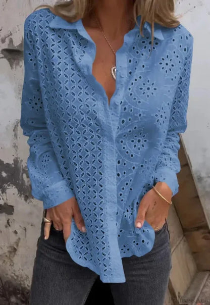 Hollow Out Cotton Floral Embroidery Long Sleeve Boho Blouse