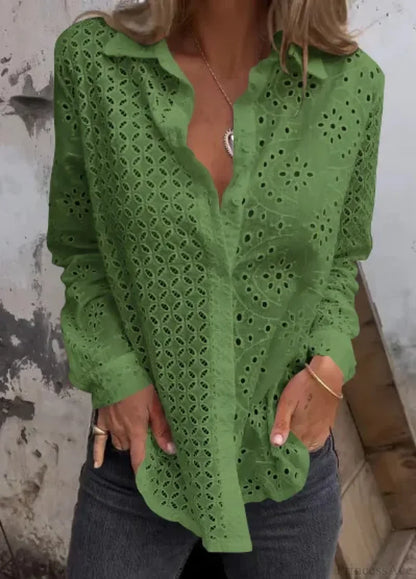 Hollow Out Cotton Floral Embroidery Long Sleeve Boho Blouse