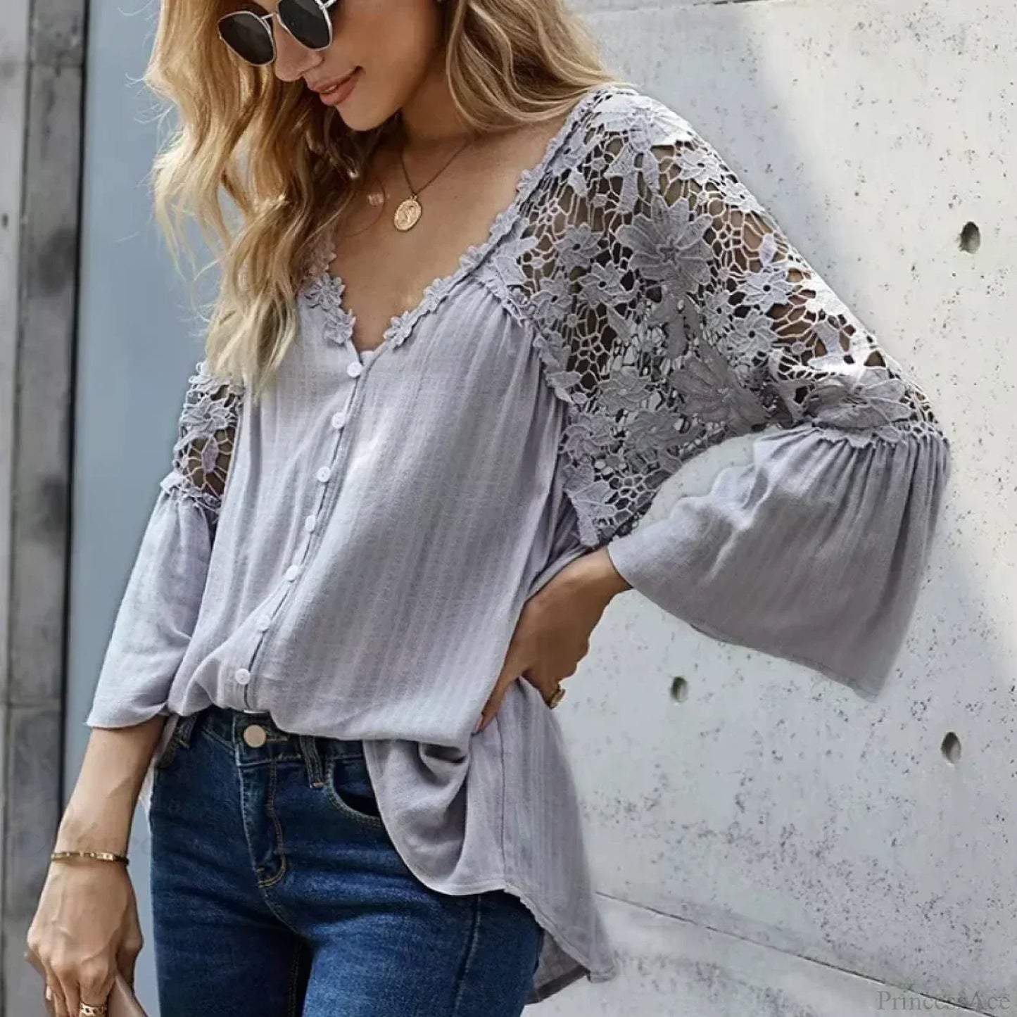 Hollow Out Deep V-Neck Flare Sleeve Boho Blouse