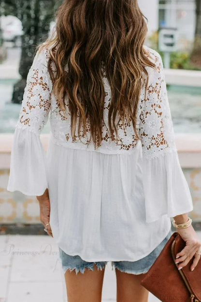 Hollow Out Deep V-Neck Flare Sleeve Boho Blouse