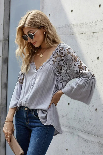 Hollow Out Deep V-Neck Flare Sleeve Boho Blouse