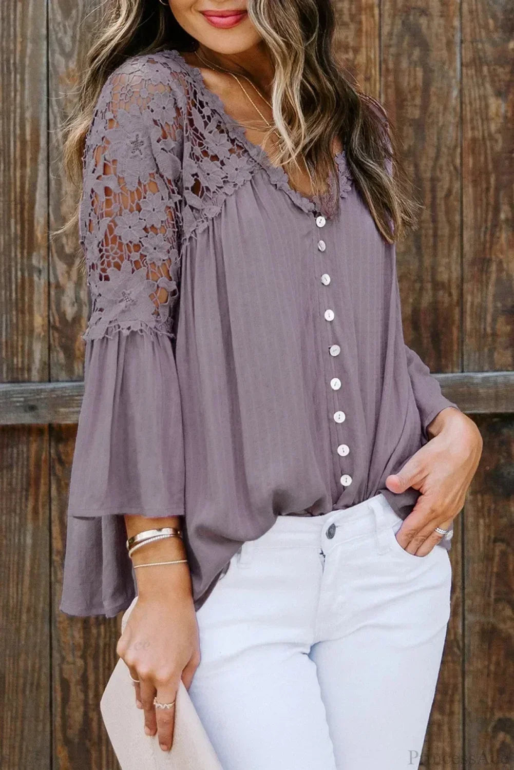Hollow Out Deep V-Neck Flare Sleeve Boho Blouse