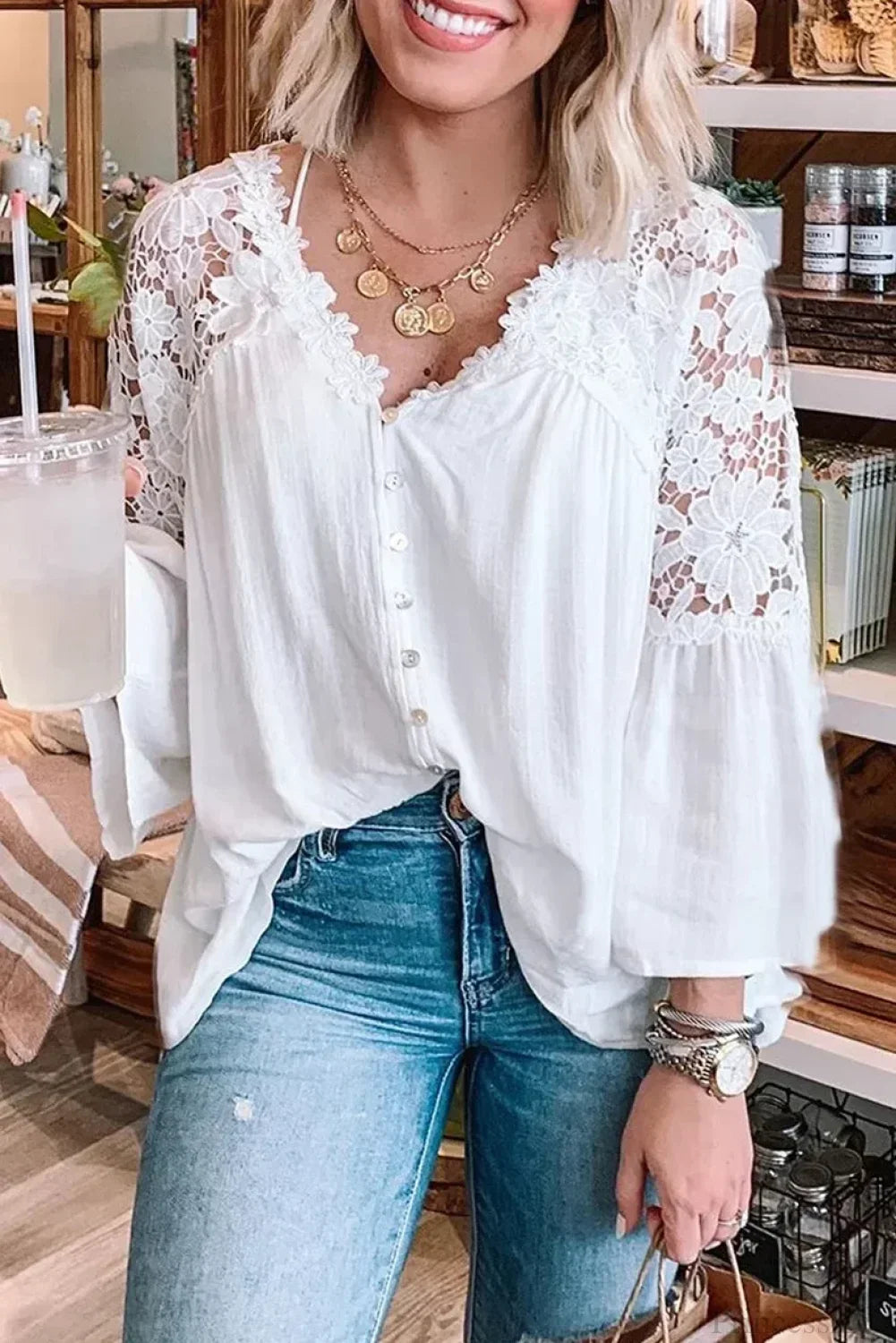 Hollow Out Deep V-Neck Flare Sleeve Boho Blouse