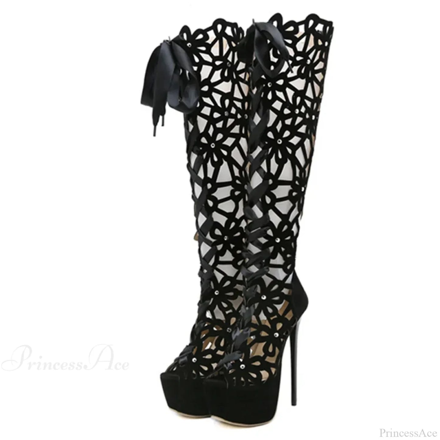 Hollow-Out Lace-Up Platform Knee-High Sexy Sandals Cross-Tie Peep-ToeFashionable High Heel