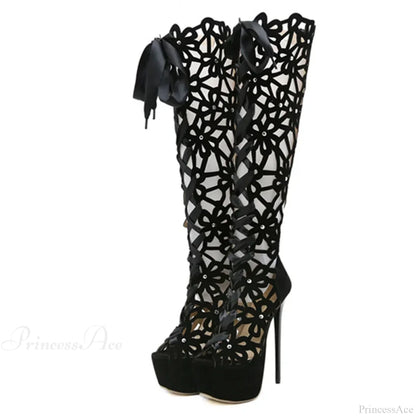 Hollow-Out Lace-Up Platform Knee-High Sexy Sandals Cross-Tie Peep-ToeFashionable High Heel