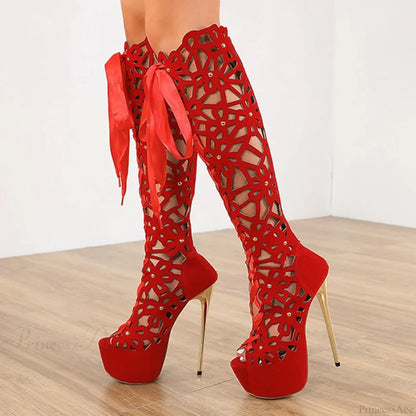 Hollow-Out Lace-Up Platform Knee-High Sexy Sandals Cross-Tie Peep-ToeFashionable High Heel