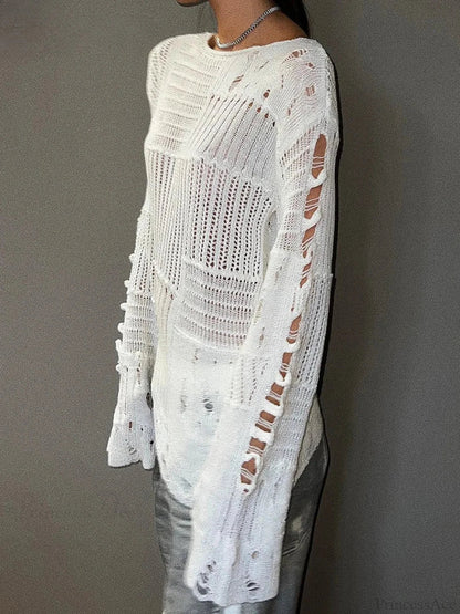 Hollow Out Loose O-Neck Long Sleeve Knitted Pullover Sweater