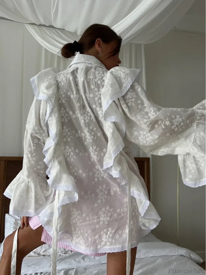 Hollow Out Lotus Leaf Edge White Blouse