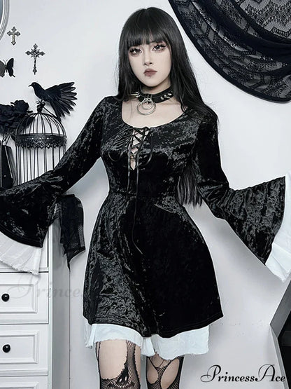 InsGoth Gothic Lace Up Velvet Queen Renaissance Medieval Witch Vintage Cosplay Party Dress