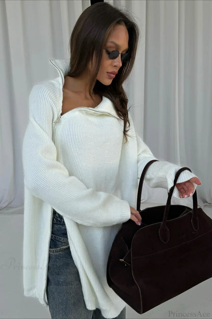 Irregular Zip High Neck Mid-Length Loose Sweater