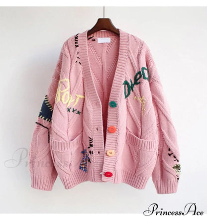 Jacket Loose Pocket Embroidery Fashion Knit Cardigan