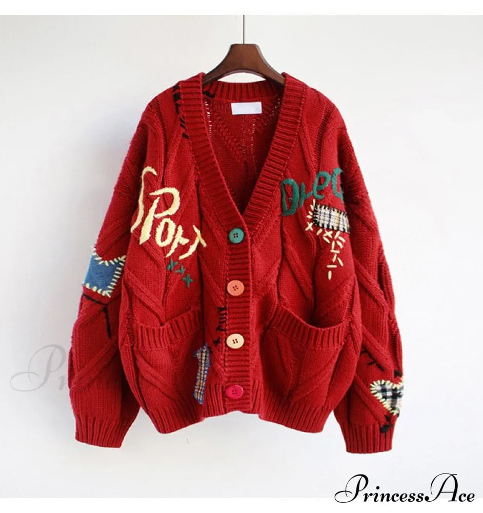 Jacket Loose Pocket Embroidery Fashion Knit Cardigan