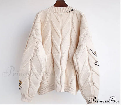 Jacket Loose Pocket Embroidery Fashion Knit Cardigan