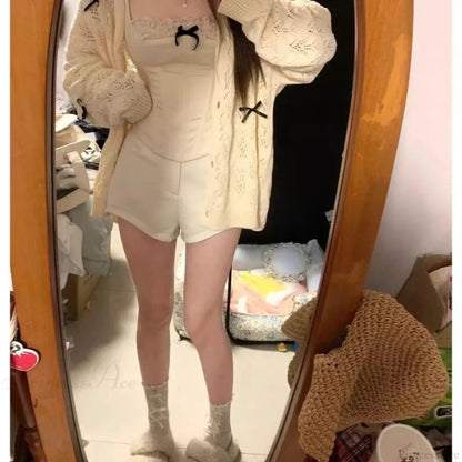 Kawaii Bow Hollow Out Solid Knit Cardigan