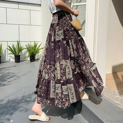Kawaii Chiffon Splice Floral Tea Break Skirt