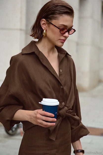 Khaki Cotton Linen Relaxed Long Sleeve Two Piece Set
