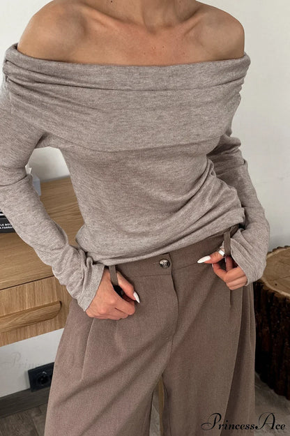 Khaki Off Shoulder Slim Knit Long Sleeve Tee