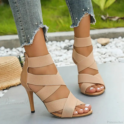 Khaki Super High Heel Sandals Sexy Open Toes Elastic Broadband Zipper Gladiator Party Wedding High Heel