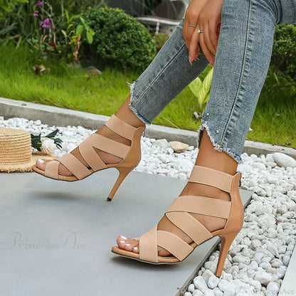 Khaki Super High Heel Sandals Sexy Open Toes Elastic Broadband Zipper Gladiator Party Wedding High Heel