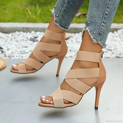 Khaki Super High Heel Sandals Sexy Open Toes Elastic Broadband Zipper Gladiator Party Wedding High Heel