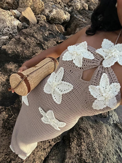 Knit Halter Blue 3D Flowers Vacation Dress