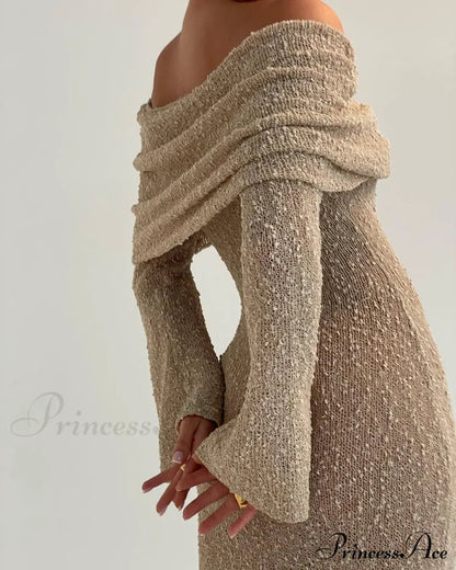 Knit Off-Shoulder Long Sleeve Maxi Dress