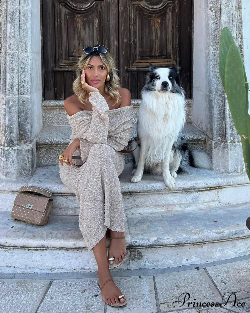 Knit Off-Shoulder Long Sleeve Maxi Dress