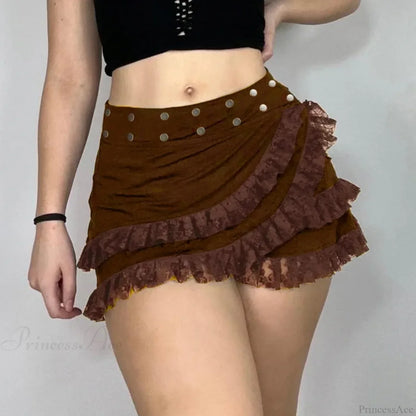 Knitted Lace Ruffled Brown Skirt