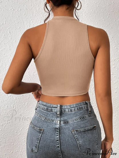 Knitted Neck Cropped Tank Top Asymmetrical Round for Women