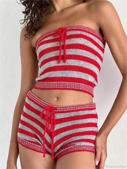 Knitted Striped Off Shoulder Crop Tube Top with Drawstring Shorts Set