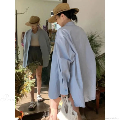 Korean Hip Hop Casual Blue Blouse Women Blouse