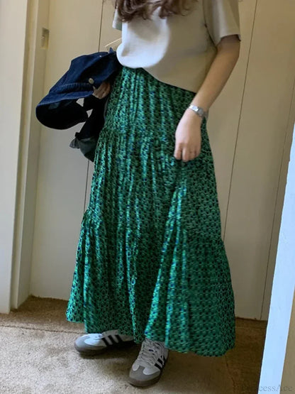 Korean Style Casual Classic Ladies Maxi Floral Skirt Loose A-line